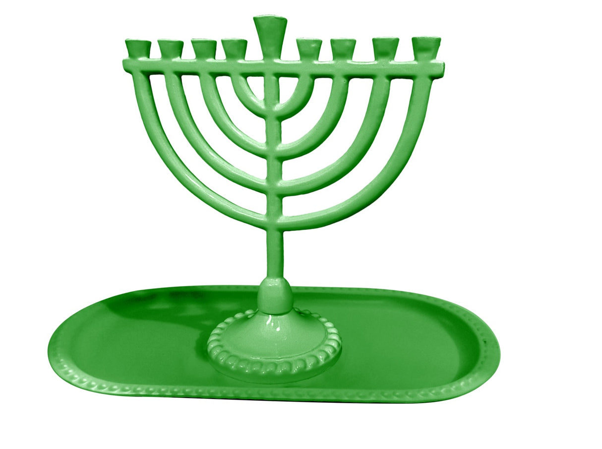 Menorah And Tray Set Green .Menorah 6Wx6.5H" Tray 8x4 " - LEHADAR