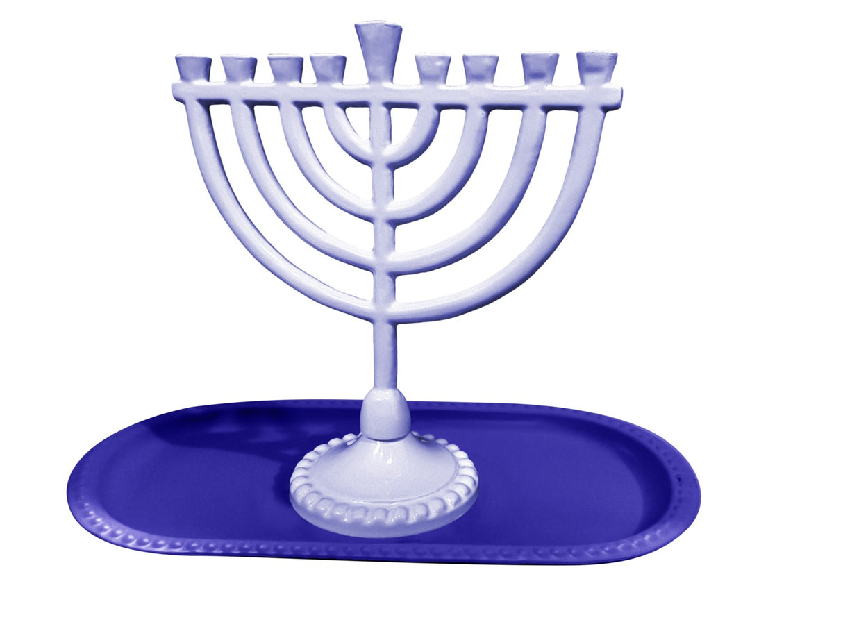 menorah And Tray Set shade Blue Menorah 6Wx6.5H" Tray 8x4 " - LEHADAR