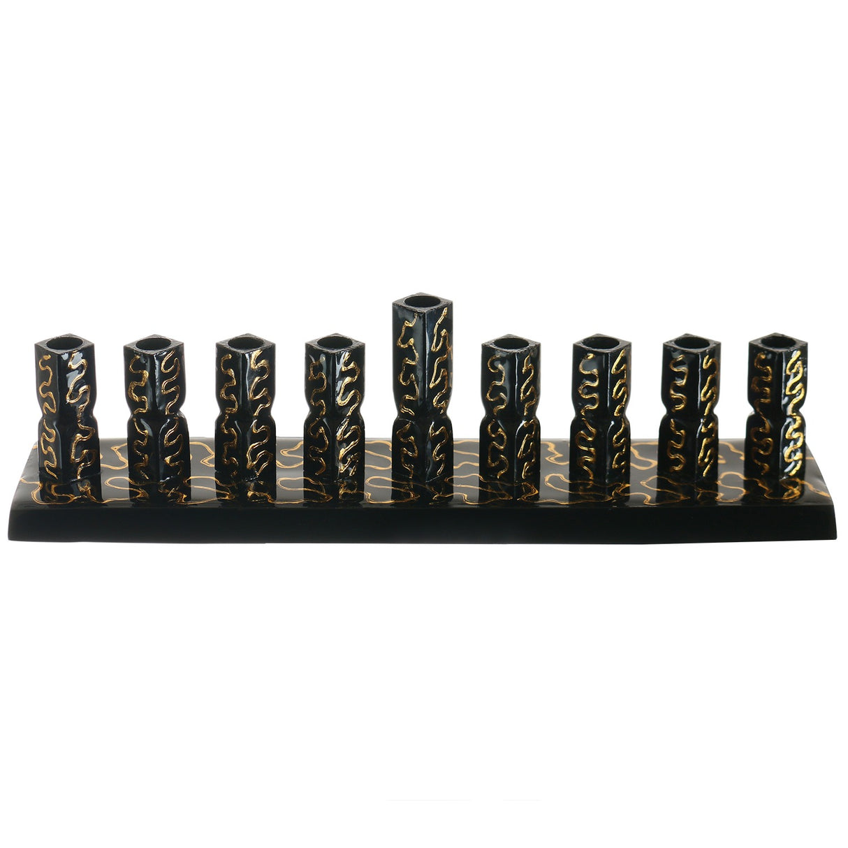 Strip Menorah Black With Gold Stripes Enamel Finish 2.5" H x 2" D x 9" L - LEHADAR