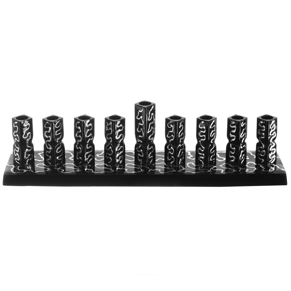 Strip Menorah Black With Silver Stripes Enamel Finish 2.5" H x 2" D x 9" L - LEHADAR