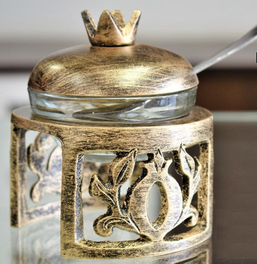 Honey Dish Pomegranate Shape Stainless Steel Brushed Gold On Stand w Spoon 3.5W x 4.5H" - LEHADAR