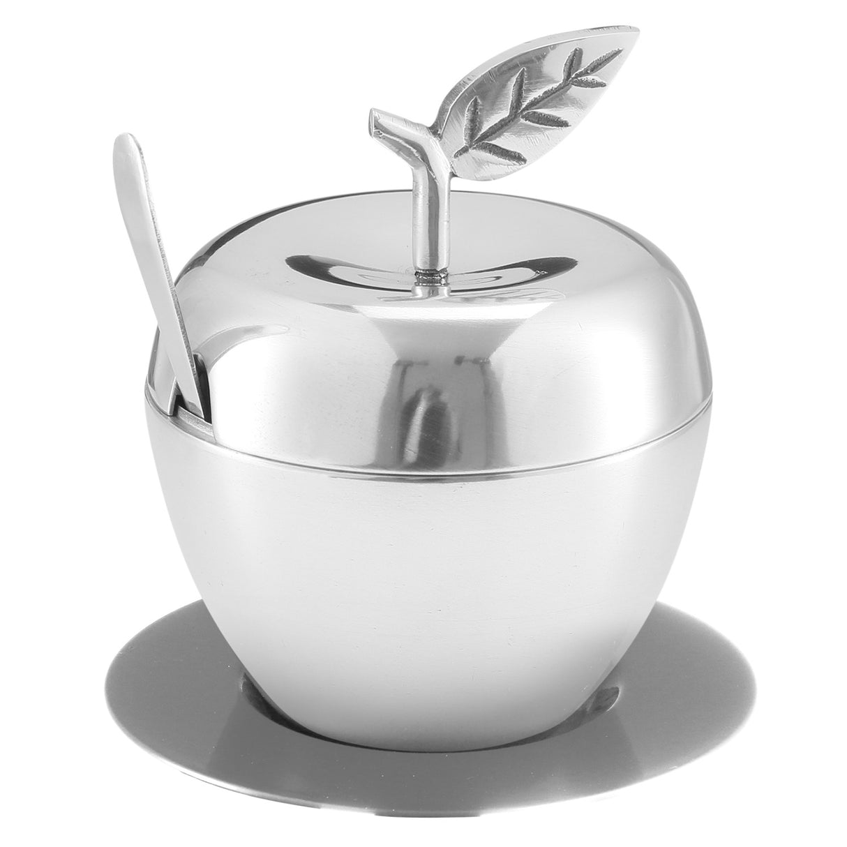 Honey Dish Apple Shape Stainless Steel With Tray & Spoon PLATE: 5.5" W APPLE: 4" W 5" H - LEHADAR