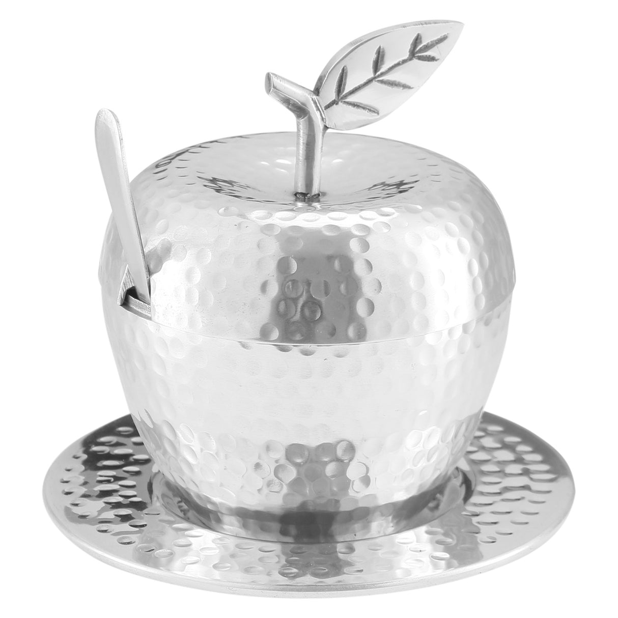 Honey Dish Apple Shape Stainless Steel Hammered With Tray & Spoon - LEHADAR