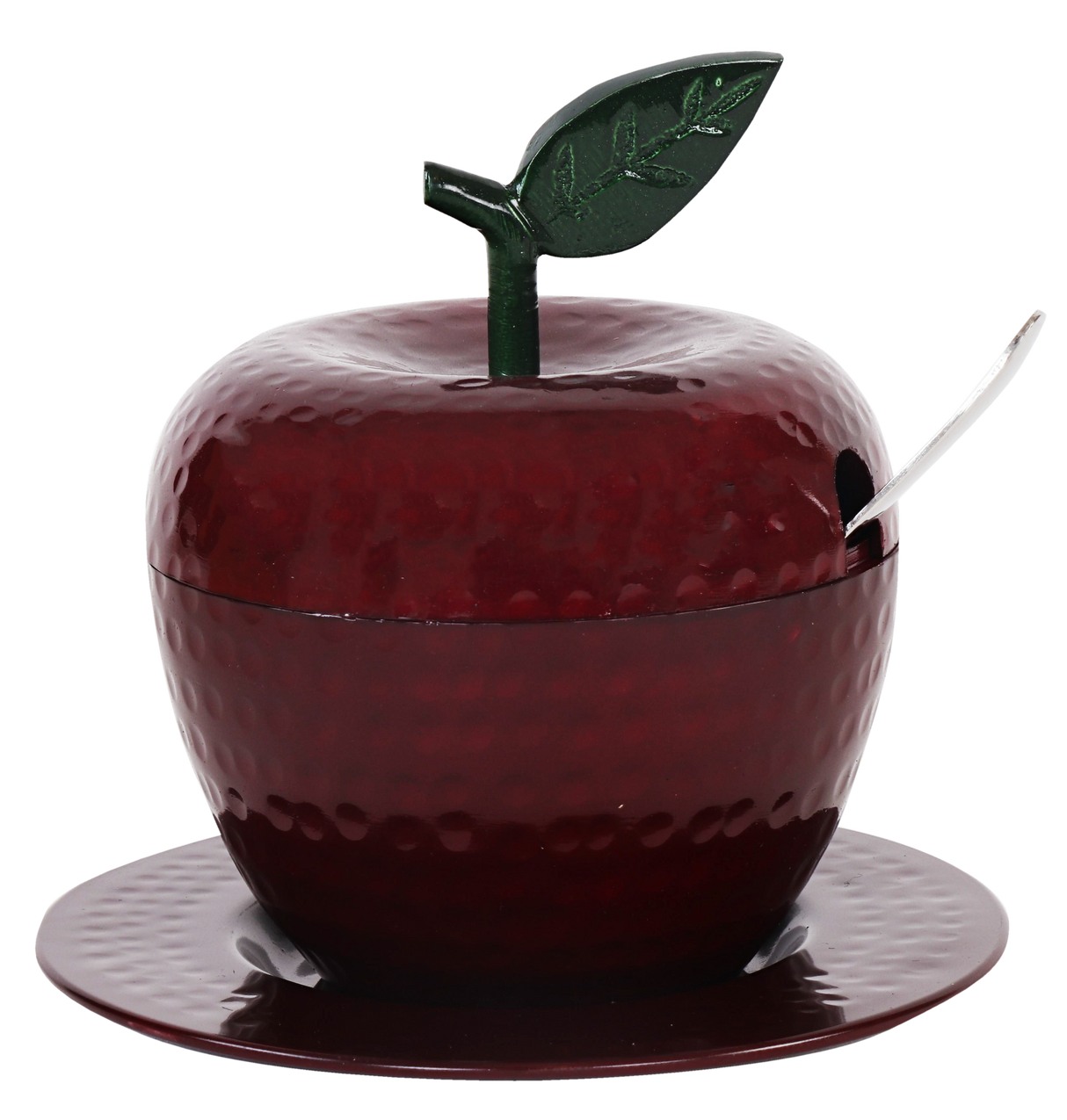 Honey Dish Apple Shape Red Green leaf Aluminum With Tray & Spoon - LEHADAR