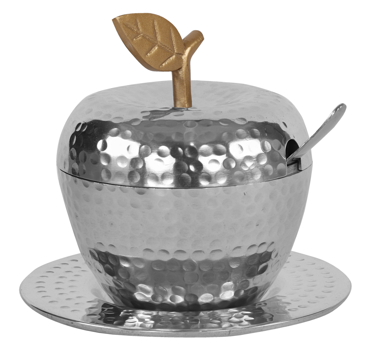 Honey Dish Apple Shape Stainless Steel Hammered Gold Leaf With Tray & Spoon - LEHADAR