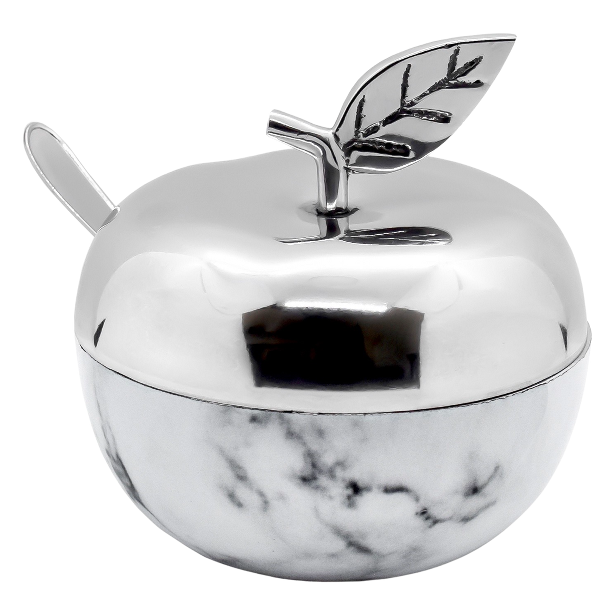 Honey Dish Apple Shape Stainless Steel Marble - Leaf With Spoon - Silver - LEHADAR