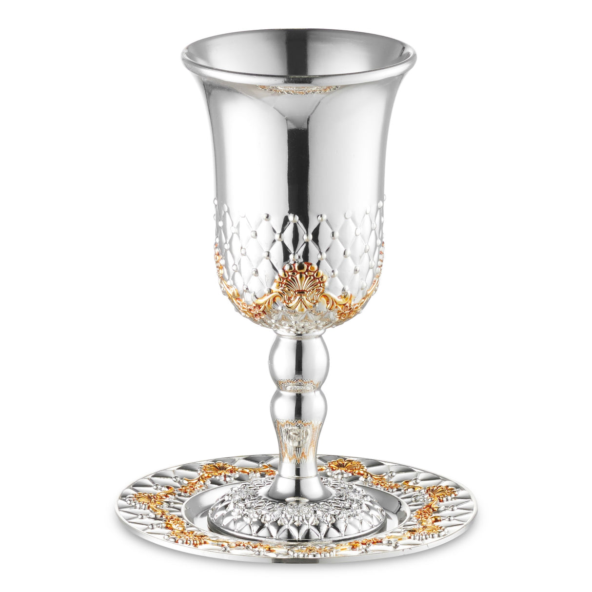 Kiddush Cup With Legs Set Silver Plated With Gold Flowers Cup 2x2x5.5", Plate 4.5" - LEHADAR