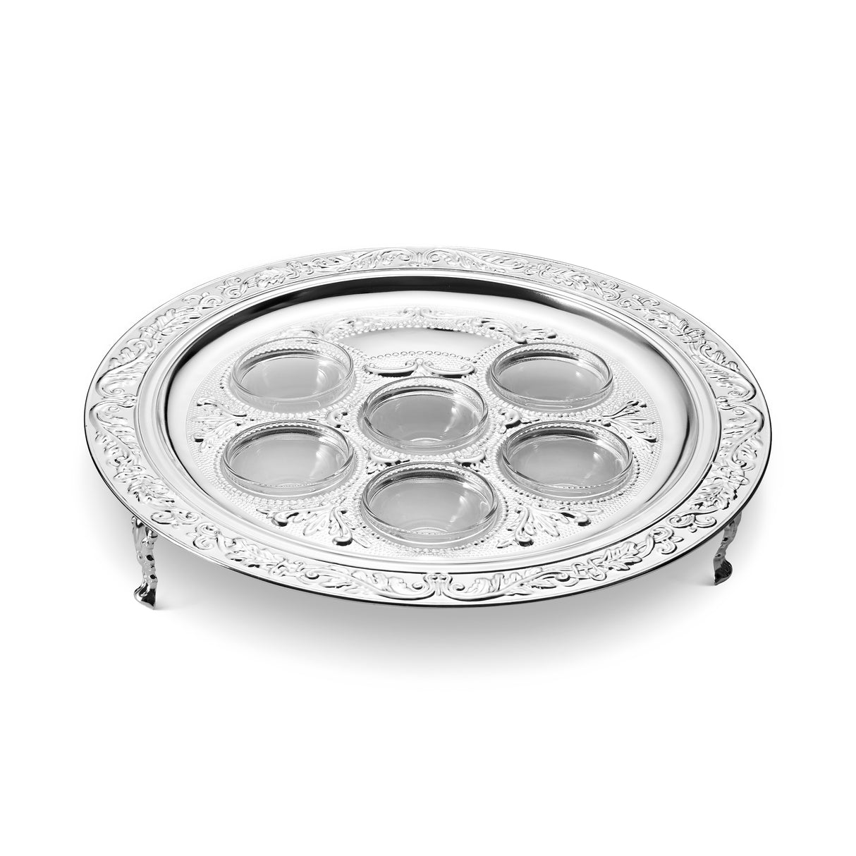 Silver Plated Seder Plate with Legs 3"H x 15.5"W 6 Glass Liners Included - LEHADAR