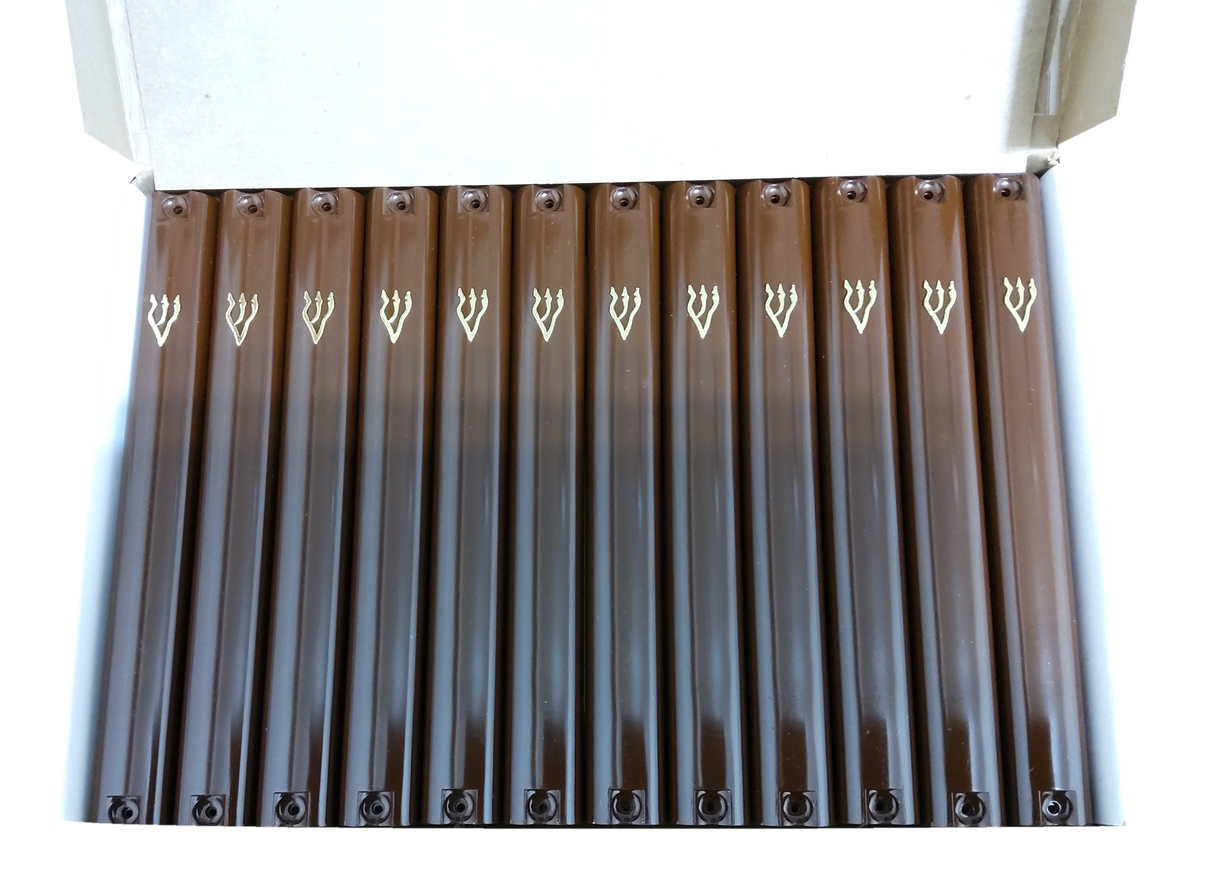 Case Of 24 Brown Plastic Mezuzah Covers-Gold 'Shin - LEHADAR