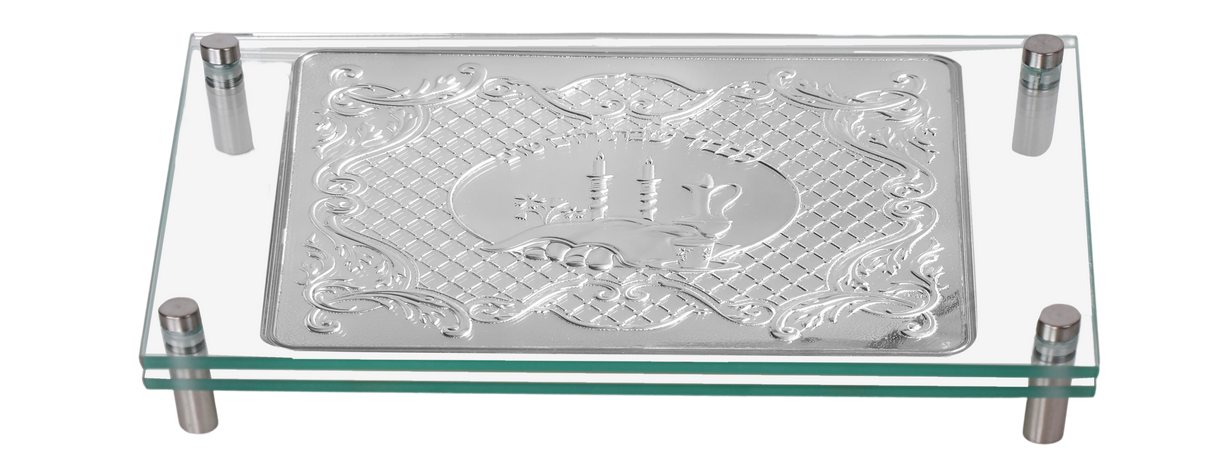 Silver Plated & Glass Challah Board - Silver Standoffs - LEHADAR