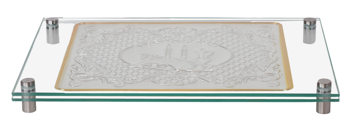 Glass Challah Board with Silver Shabbos Plate - Gold Rim - LEHADAR