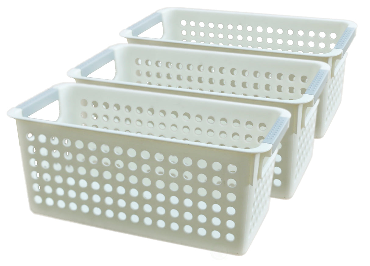 White Rectangular Plastic Shelf Organizer Basket with Handles Set of 3 - LEHADAR