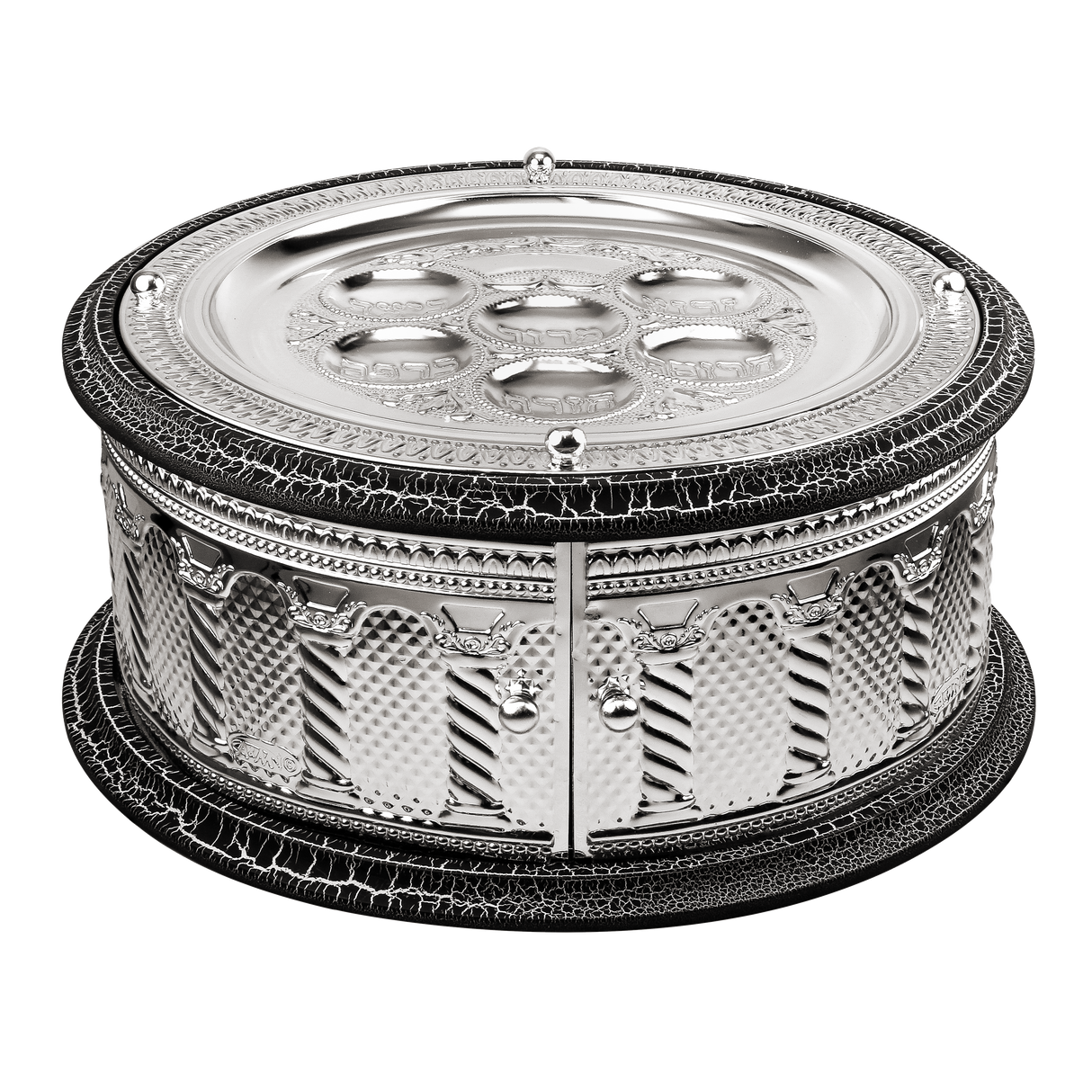 Seder Plate 3 Tier Wood And Silver Plated Black Marble Color 6"H X 15" W - LEHADAR