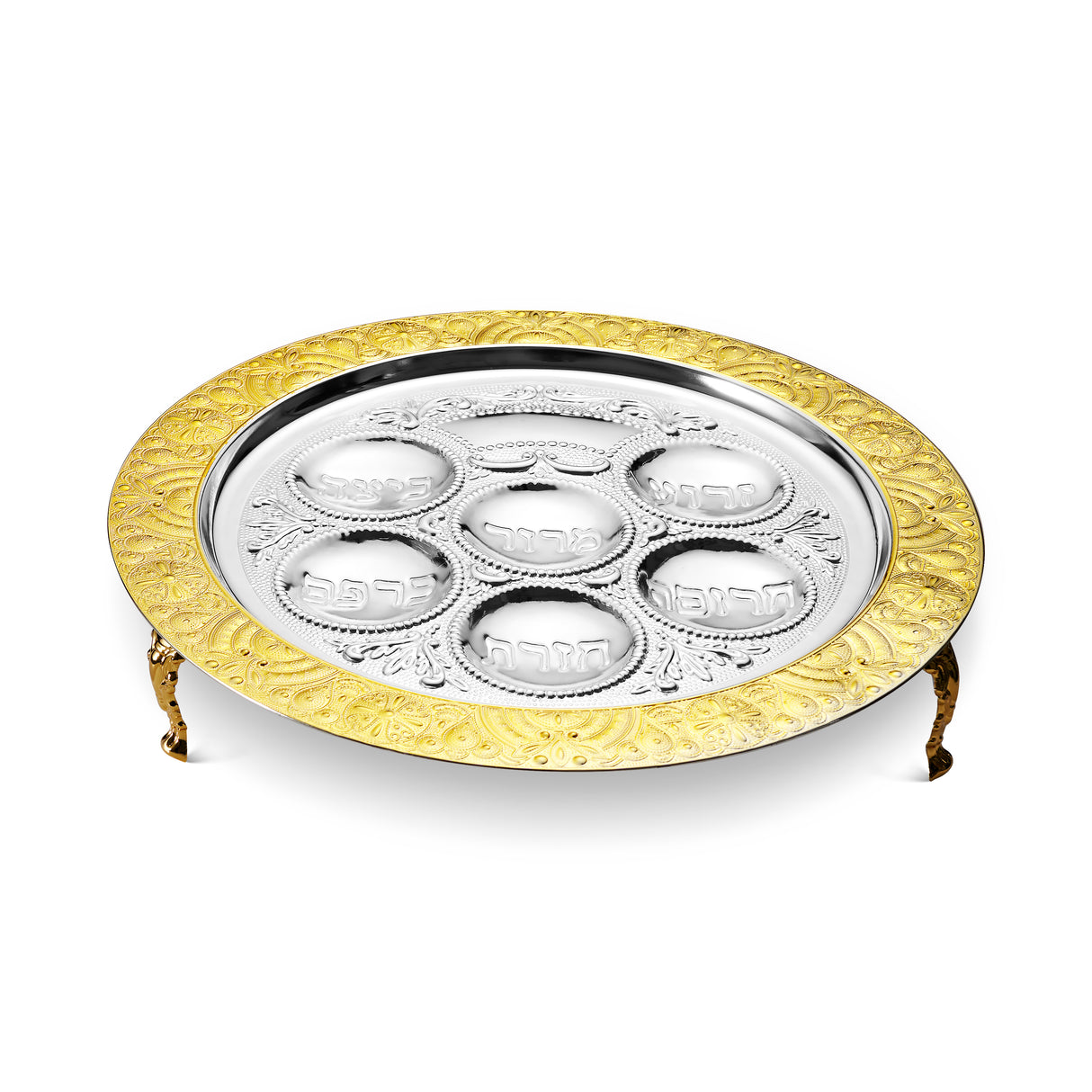 Seder Plate Filigree Gold & Silver Plated With Leg 3" H 15.5 W " - LEHADAR