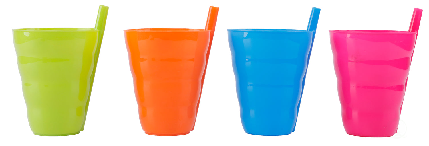 10 OZ Reusable Plastic Cups with Straw Blue, Pink, Green, and Orange, Set of 4 - LEHADAR