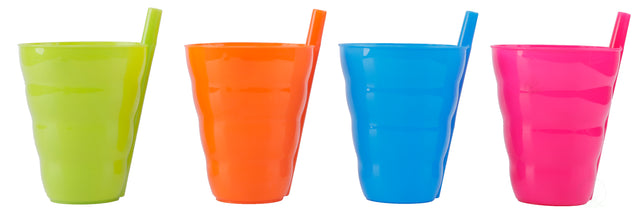 10 OZ Reusable Plastic Cups with Straw Blue, Pink, Green, and Orange, Set of 4 - LEHADAR