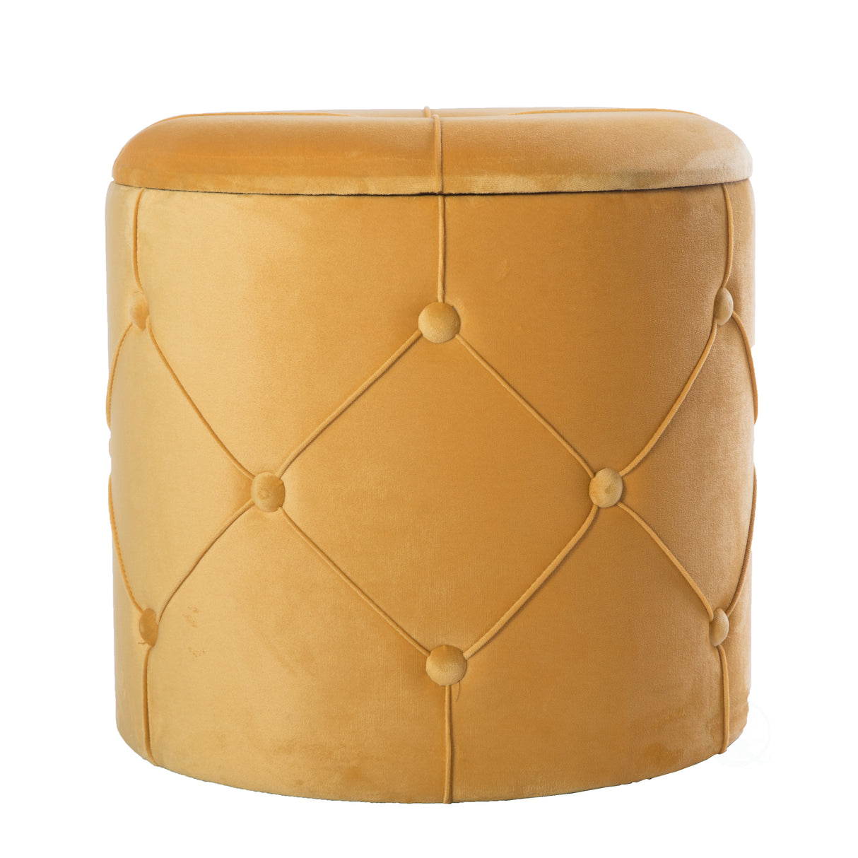 Round Wooden Velvet Ottoman Stool with Lid, Yellow - LEHADAR