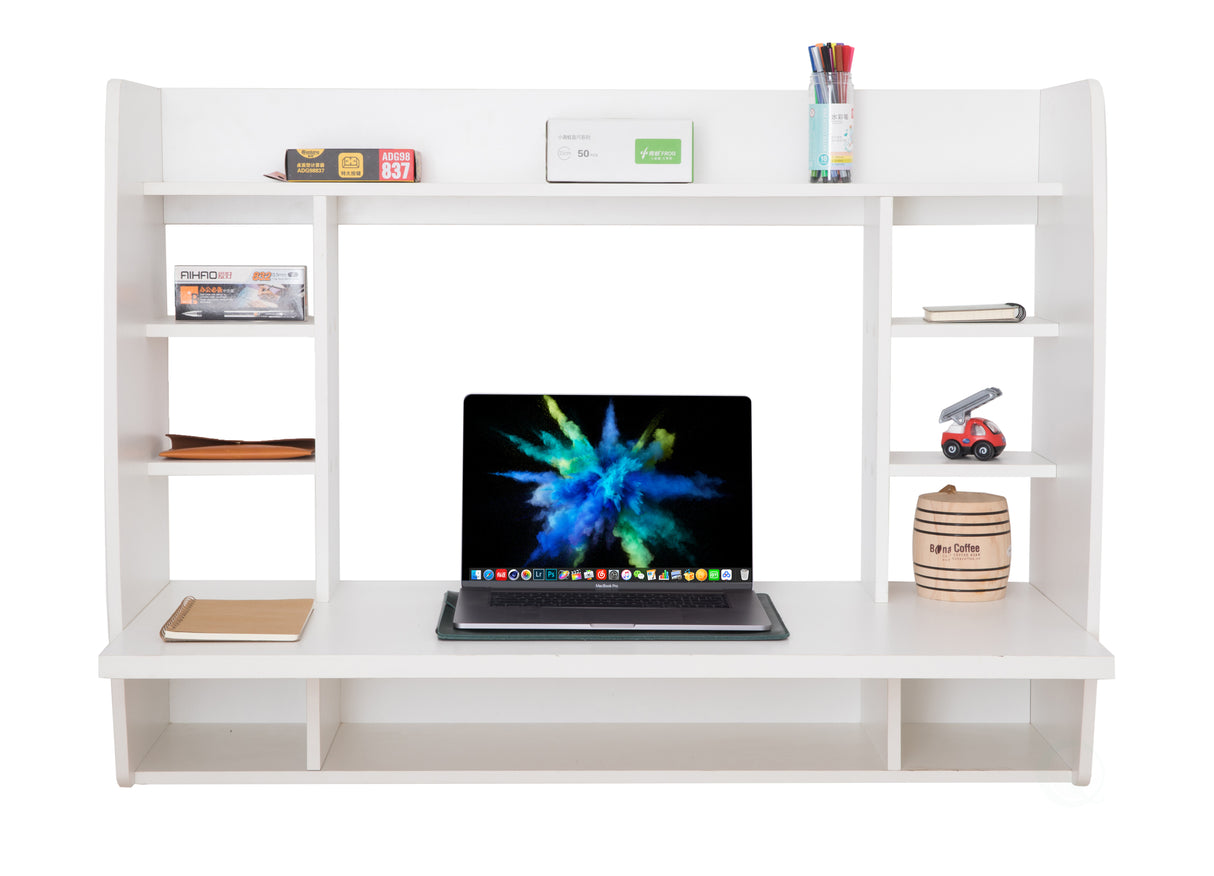 Versatile Wall Mount Floating Computer Desk - Stylish and Space-Saving Writing Study Table with Shelves - Ideal for Living Room, Bedroom, and Home Office, White - LEHADAR