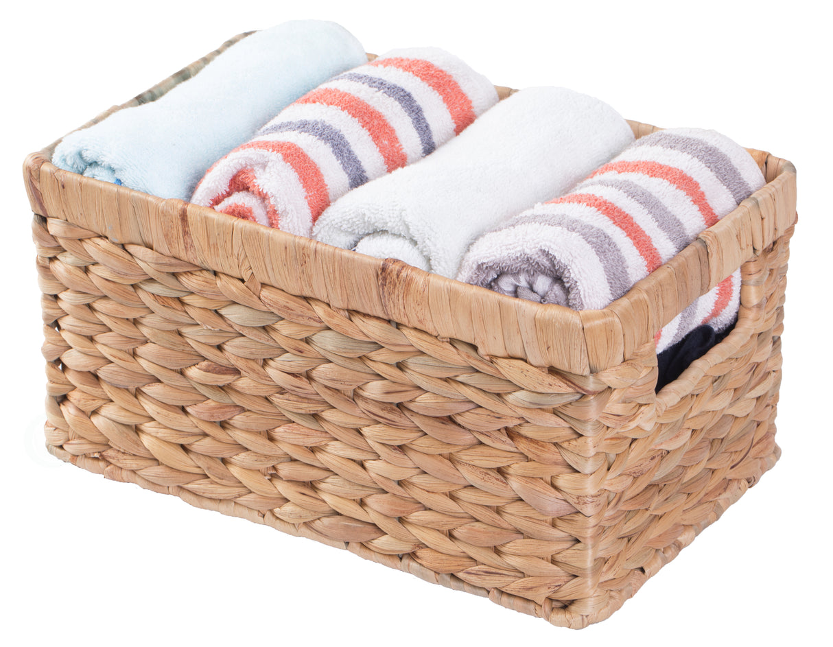 Natural Woven Water Hyacinth Wicker Rectangular Storage Bin Basket with Handles, Small - LEHADAR