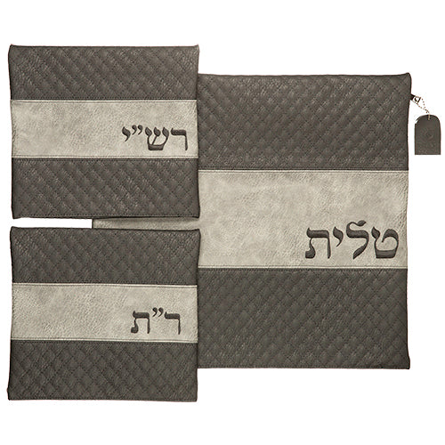 Leather Like Tallit - Tefillin 3 pc Set with Embroidery 17x15.5" - LEHADAR
