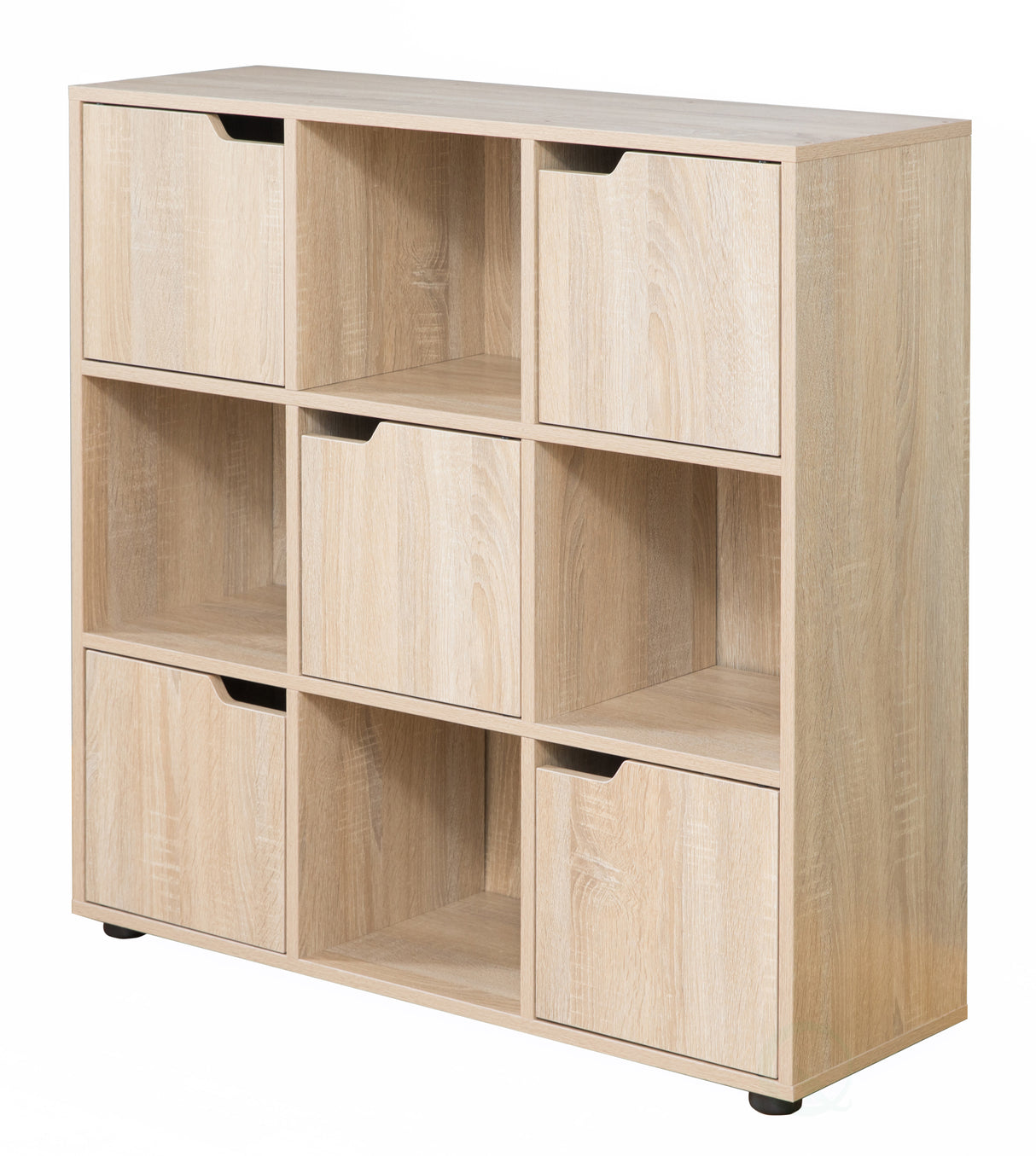 9 Cube Wooden Organizer With 5 Enclosed Doors and 4 Shelves, Oak - LEHADAR