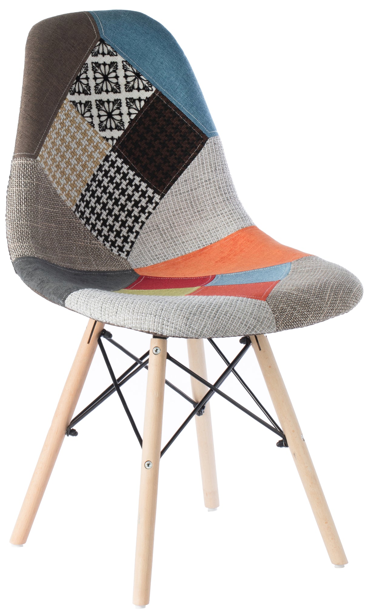 Mid-Century Modern Upholstered Plastic Multicolor Fabric Patchwork DSW Shell Dining Chair with Wooden Dowel Eiffel Legs - LEHADAR