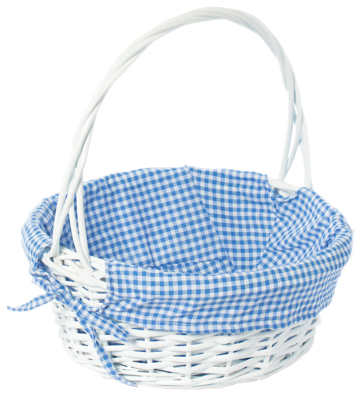 White Round Willow Gift Basket, with Blue Gingham Liner and Handle- Medium - LEHADAR
