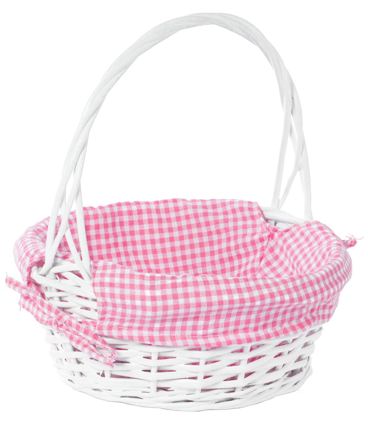 White Round Willow Gift Basket, with Pink Gingham Liner and Handle- Small - LEHADAR
