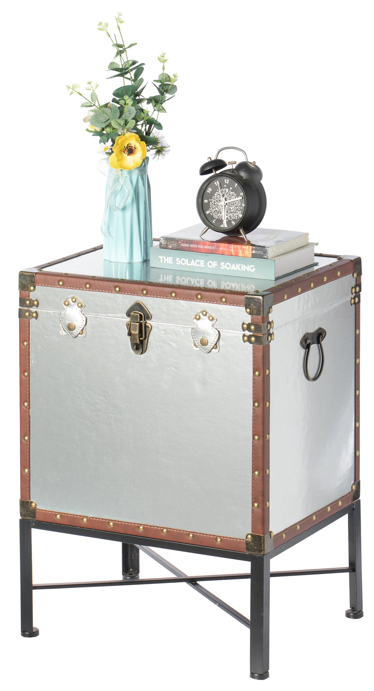 Silver and Brown Trimmed Faux Leather Lockable Square Lined Storage Trunk, End Table on Metal Stand - LEHADAR