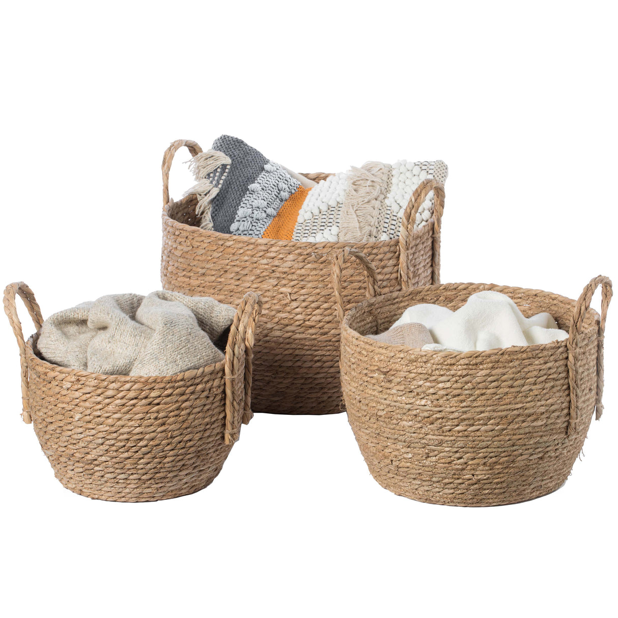 Decorative Round Wicker Woven Rope Storage Blanket Basket with Braided Handles - Set of 3 - LEHADAR