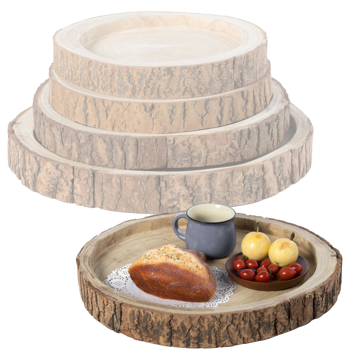 Wood Tree Bark Indented Display Tray Serving Plate Platter Charger - Set of 4 - LEHADAR