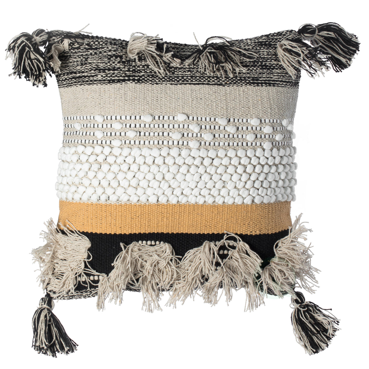 16" Boho Handwoven Cotton Throw Pillow with Tassels, Beige - LEHADAR