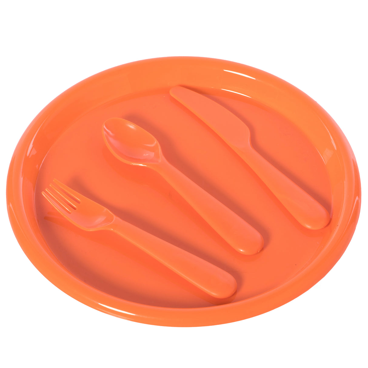 Reusable Cutlery Set of 4 Plastic Plates, Spoons, Forks and Knives for Baby and Toddlers, Orange - LEHADAR