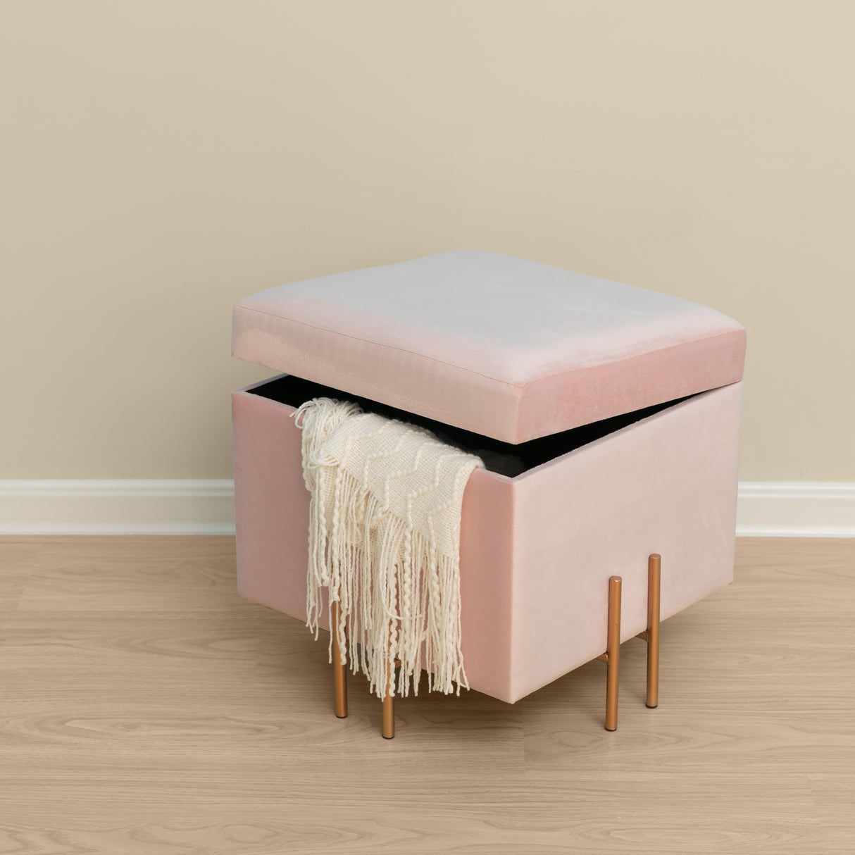 Square Velvet Storage Ottoman with Rose Gold Legs, Pink - LEHADAR