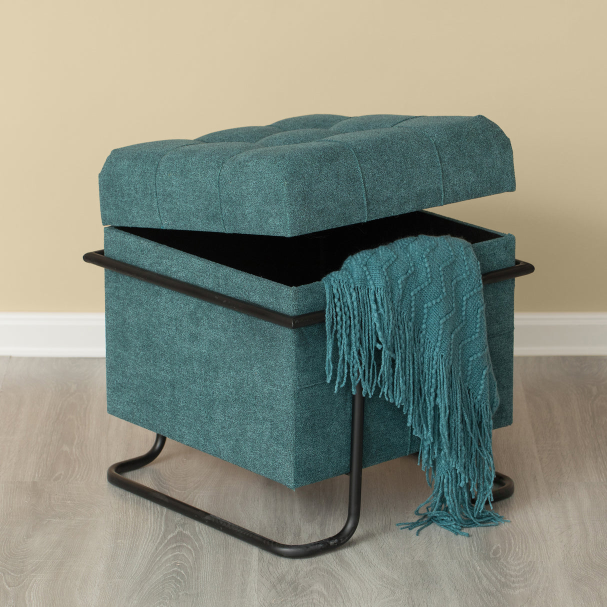 Square Fabric Storage Ottoman with Black Metal Frame, Blue - LEHADAR