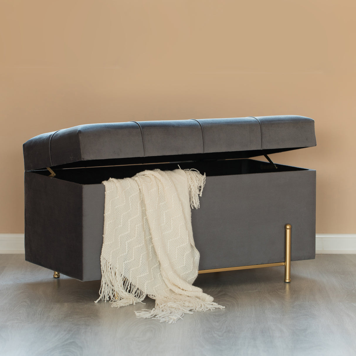 Large Velvet Storage Ottoman with Gold Legs, Gray - LEHADAR