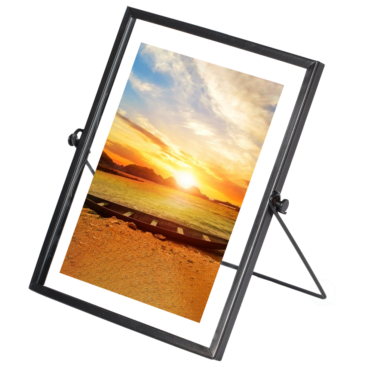 Modern Metal Floating Tabletop Photo Picture Frame with Glass Cover and Easel Stand, Black 5" x 7" - LEHADAR
