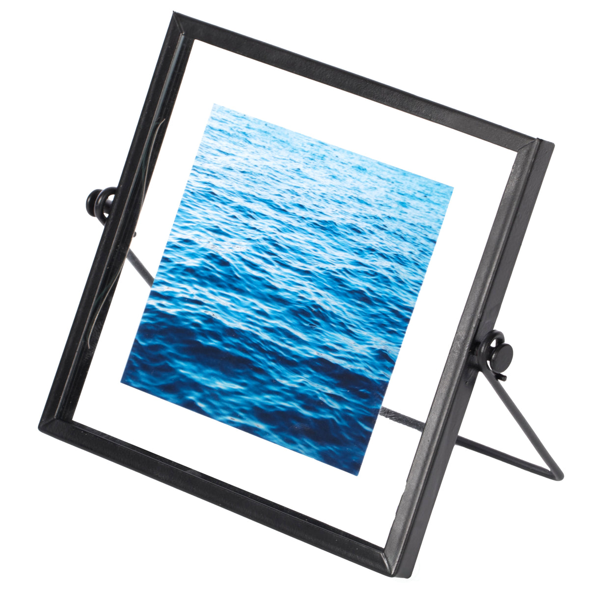 Modern Metal Floating Tabletop Square Photo Picture Frame with Glass Cover and Easel Stand, Black 4" x 4" - LEHADAR