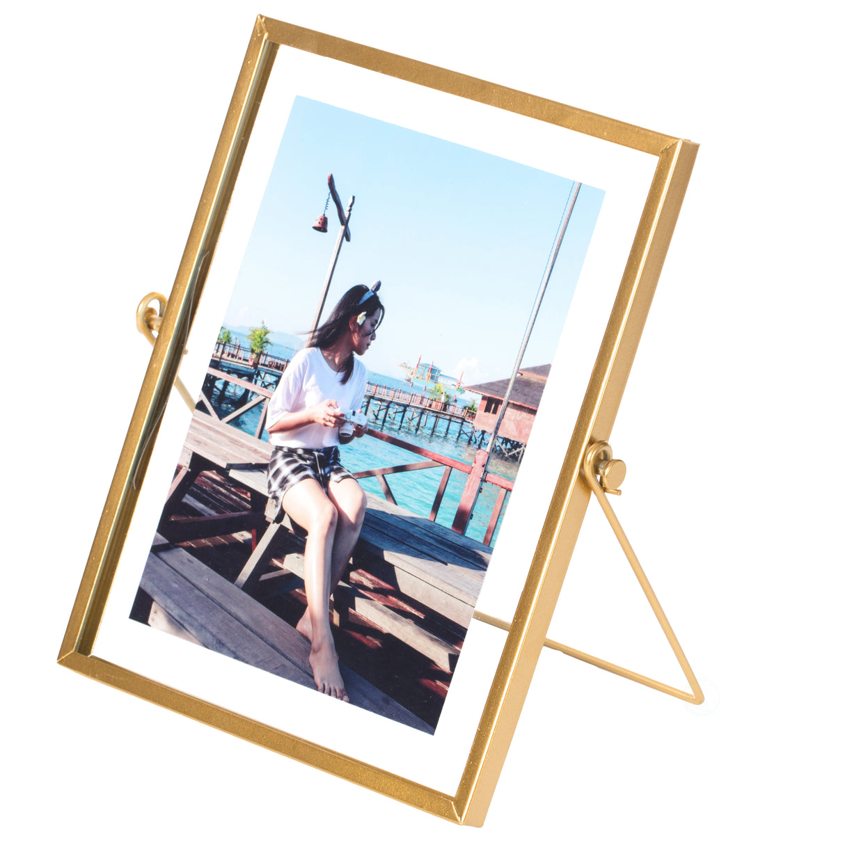 Modern Metal Floating Tabletop Photo Picture Frame with Glass Cover and Easel Stand, Gold 5" x 7" - LEHADAR