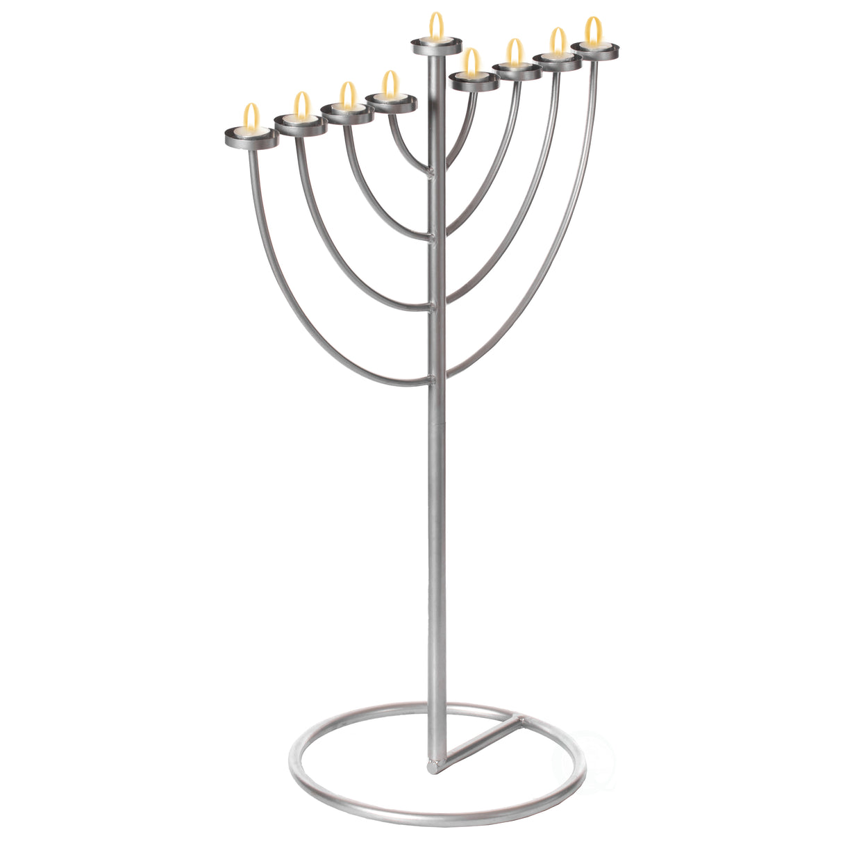 Medium Modern Silver 9 Branch Lighting Thin Pipe Hanukkah Menorah, Metal-Aluminum - LEHADAR