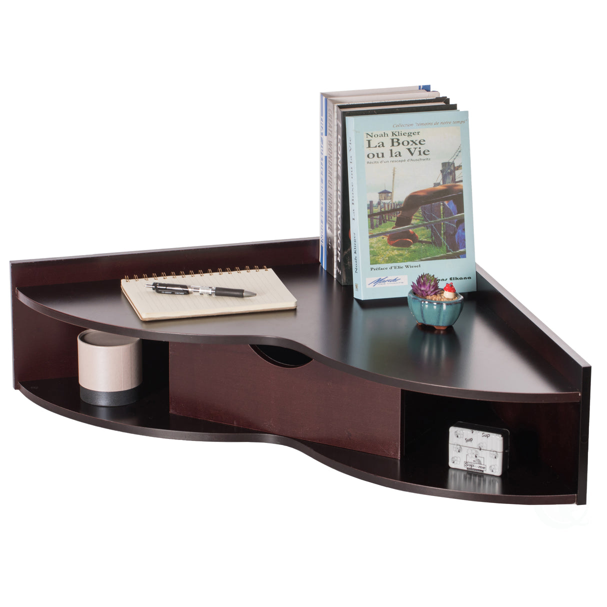 Brown Corner Desk Heart Shaped Wall Mounted Office Table with Drawer and Two Shelves Computer Writing Desk - LEHADAR