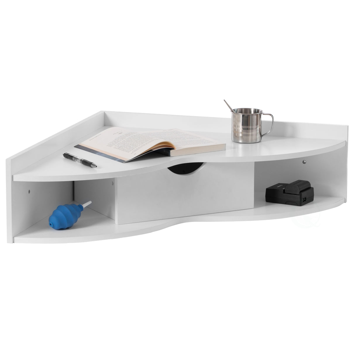 White Corner Desk Heart Shaped Wall Mounted Office Table with Drawer and Two Shelves Computer Writing Desk - LEHADAR