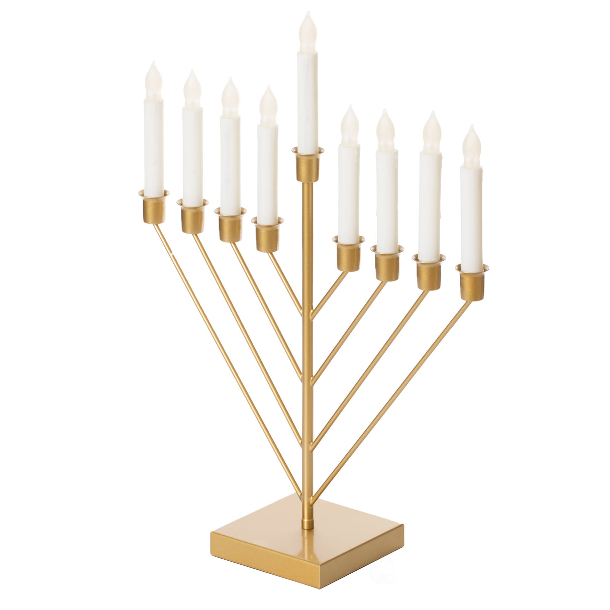 Nine Branch Electric Chabad Judaica Chanukah Menorah with LED Candle Design Candlestick, Gold - LEHADAR
