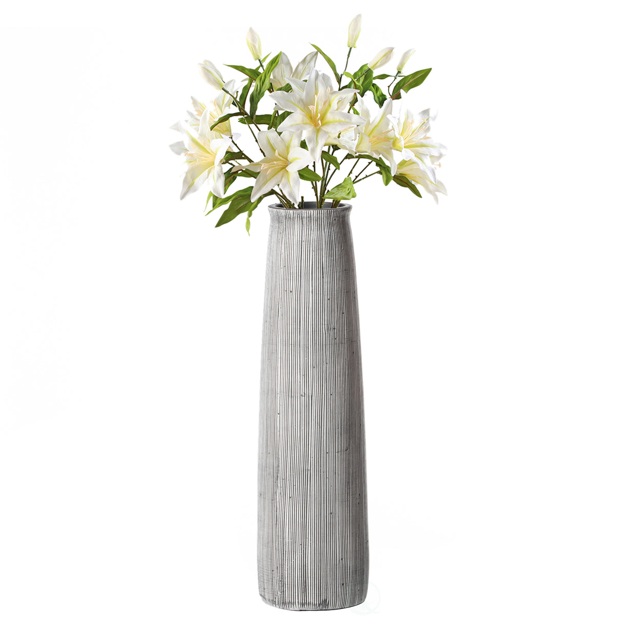 12 inch Tall Grey Striped Decorative Round Table Centerpiece Flower Vase Display Modern Home Decor Accent Stylish Elegant Ornamental Accessory Floral Arrangement Holder Living Room Dining Room Kitchen Decoration - LEHADAR