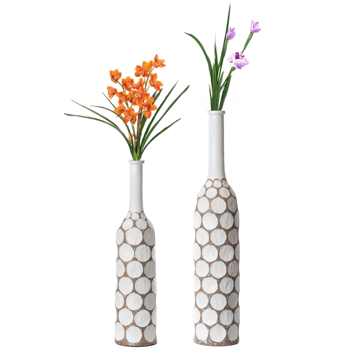 Decorative Contemporary Floor Vase White Carved Divot Bubble Design with Tall Neck, Set of 2 - LEHADAR