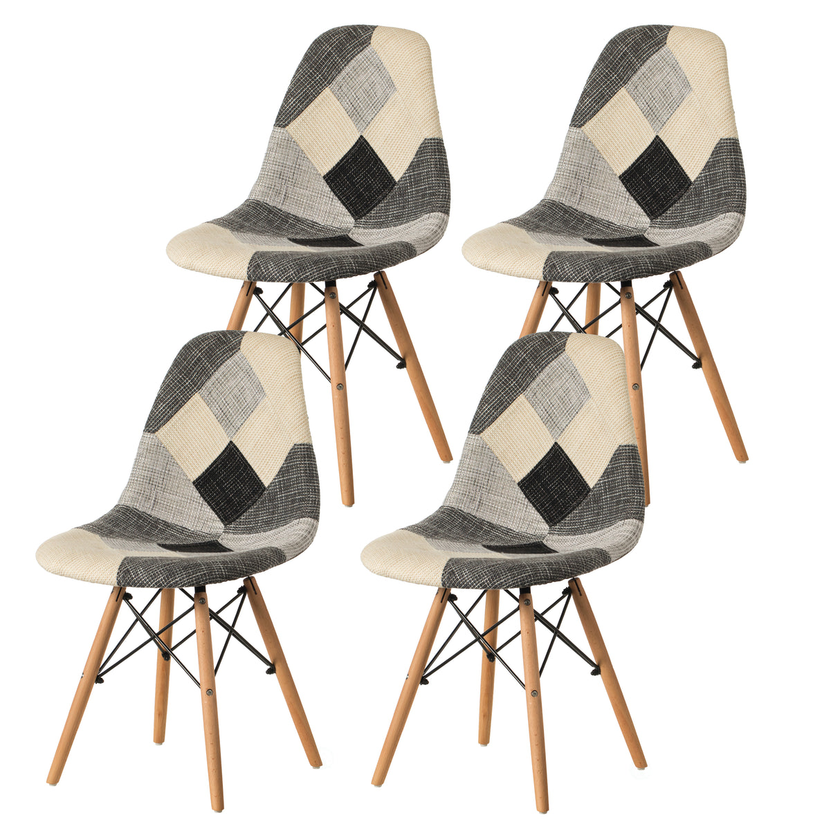 Modern Black and White Patchwork Fabric Chair with Wooden Legs for Kitchen, Dining Room, Entryway, Living Room, Set of 4 - LEHADAR