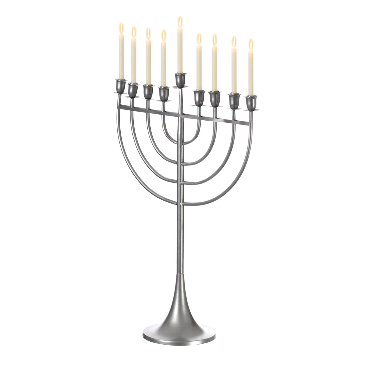 Modern Solid Metal Judaica Hanukkah Menorah 9 Branched Candelabra, Aluminum Finish Medium - LEHADAR