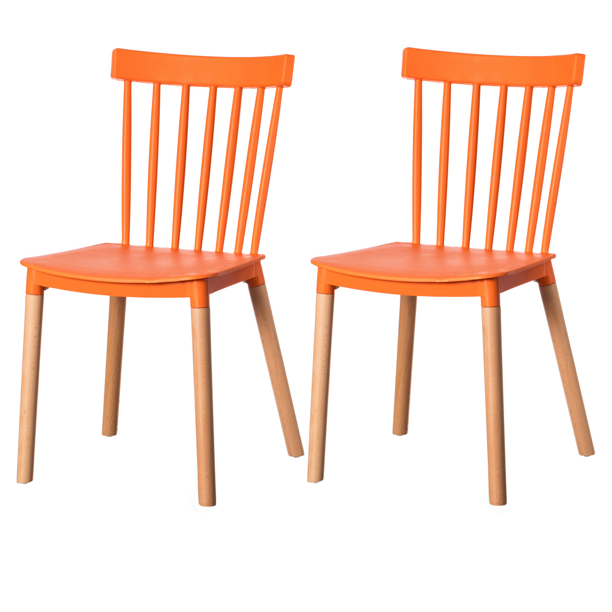 Modern Plastic Dining Chair Windsor Design with Beech Wood Legs, Orange Set of 2 - LEHADAR