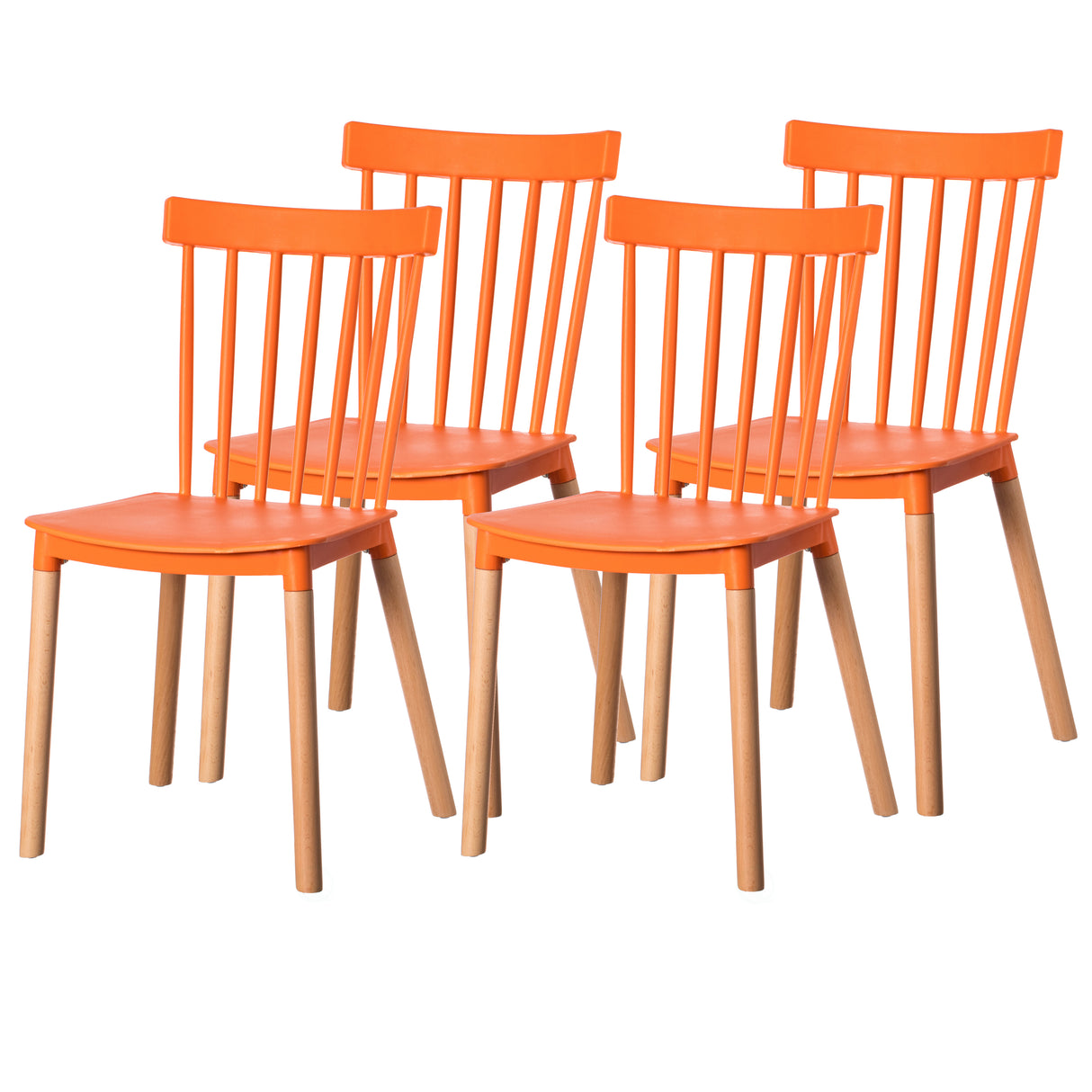 Modern Plastic Dining Chair Windsor Design with Beech Wood Legs, Orange Set of 4 - LEHADAR