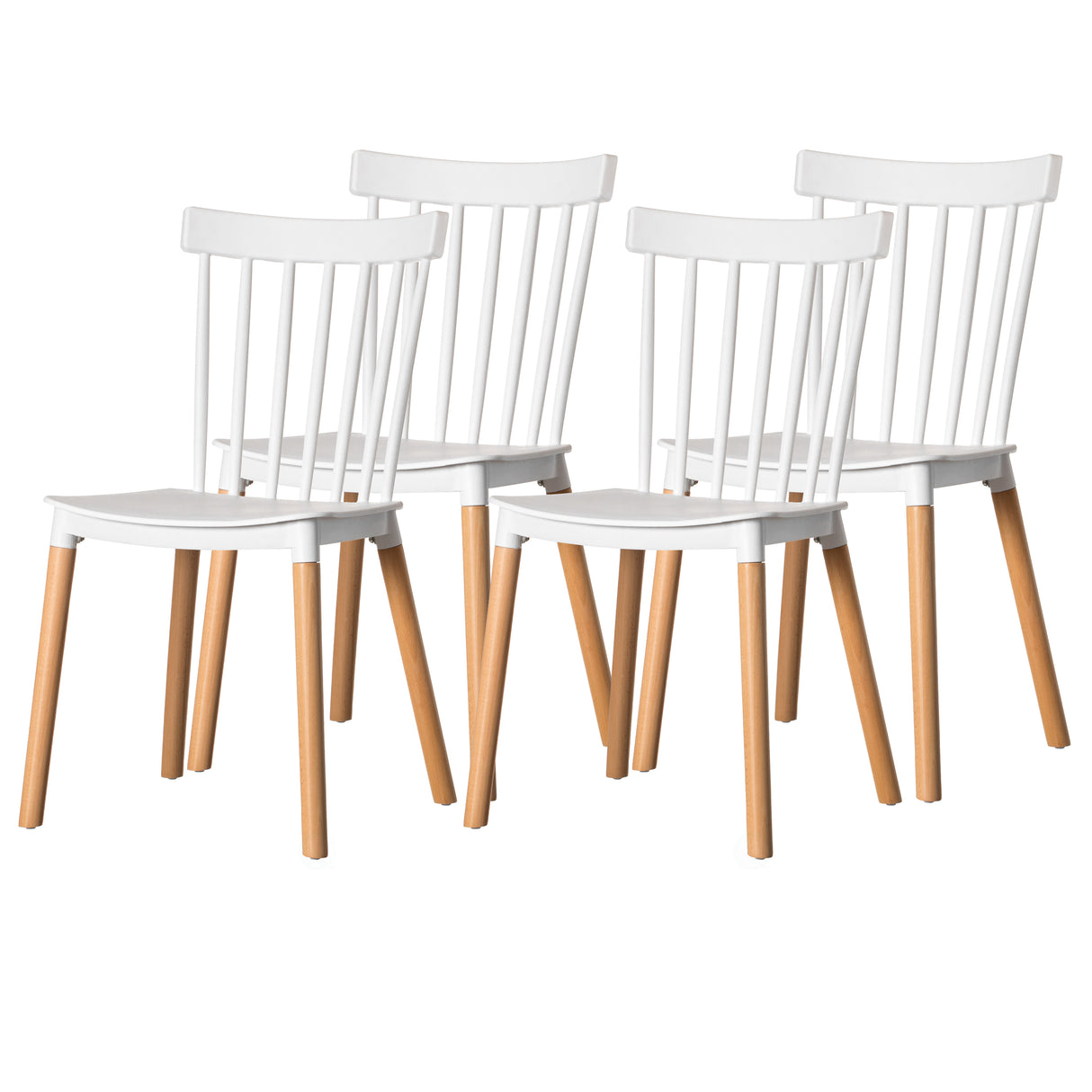 Modern Plastic Dining Chair Windsor Design with Beech Wood Legs, White Set of 4 - LEHADAR